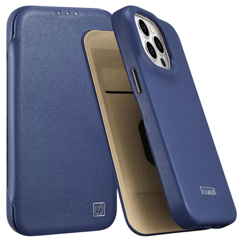 Icarer Ce Premium Leather Folio Case Skórzane Etui Iphone 14 Pro Max Z Klapką Magnetyczne Magsafe Niebieski (Wmi14220716-Bu)
