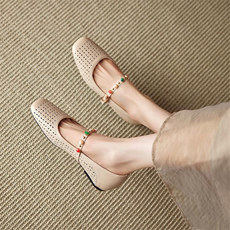 Fashion New Summer Cow Leather Woman Shoe Round Toe Women Pumps Shoes for Women Fashion Hollow Out Mary Jane Shoes Low Heel Flat Shoes