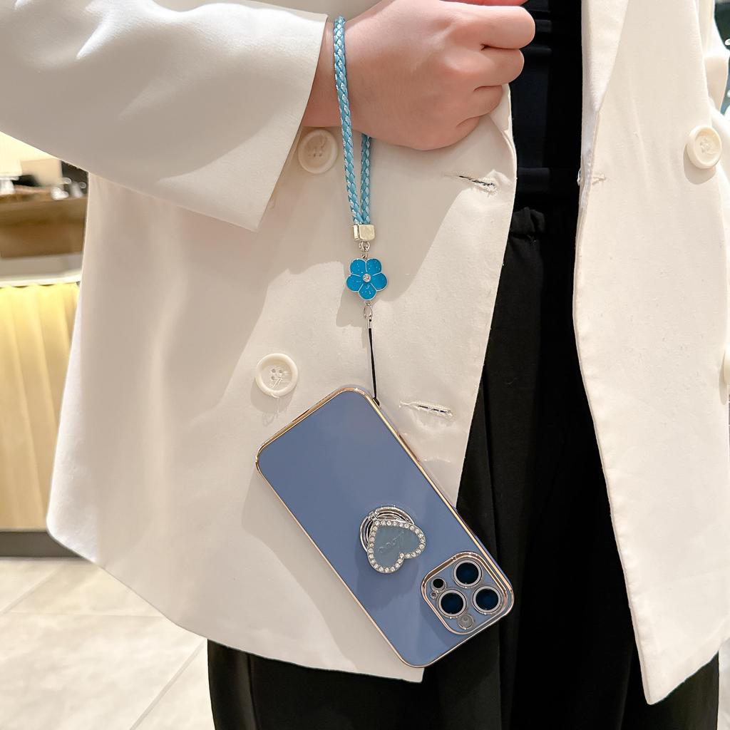 Luxury Wrist Strap Love Heart Stand Plating Camera Lens Protect Bumper Phone Case For iPhone 17 Air 16 15 14 Plus 13 12 11 Pro Max SE Girls Cute Cover