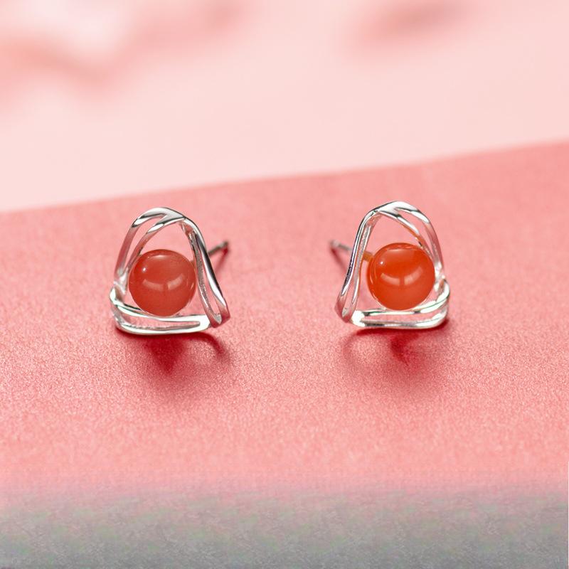 Double-layer Triangular Earrings for Women's Chinese Style Red Agate Daily Versatile Earrings