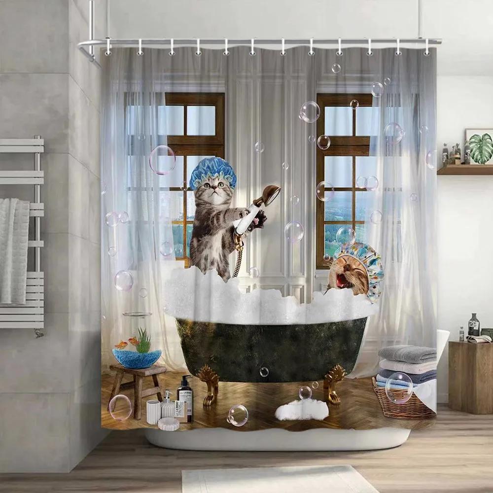Funny Shower Curtain Brave Cat Cartoon Shower Curtain Waves Ocean Decor Fabric Shower Curtain Set with Hooks Bathroom Decoration