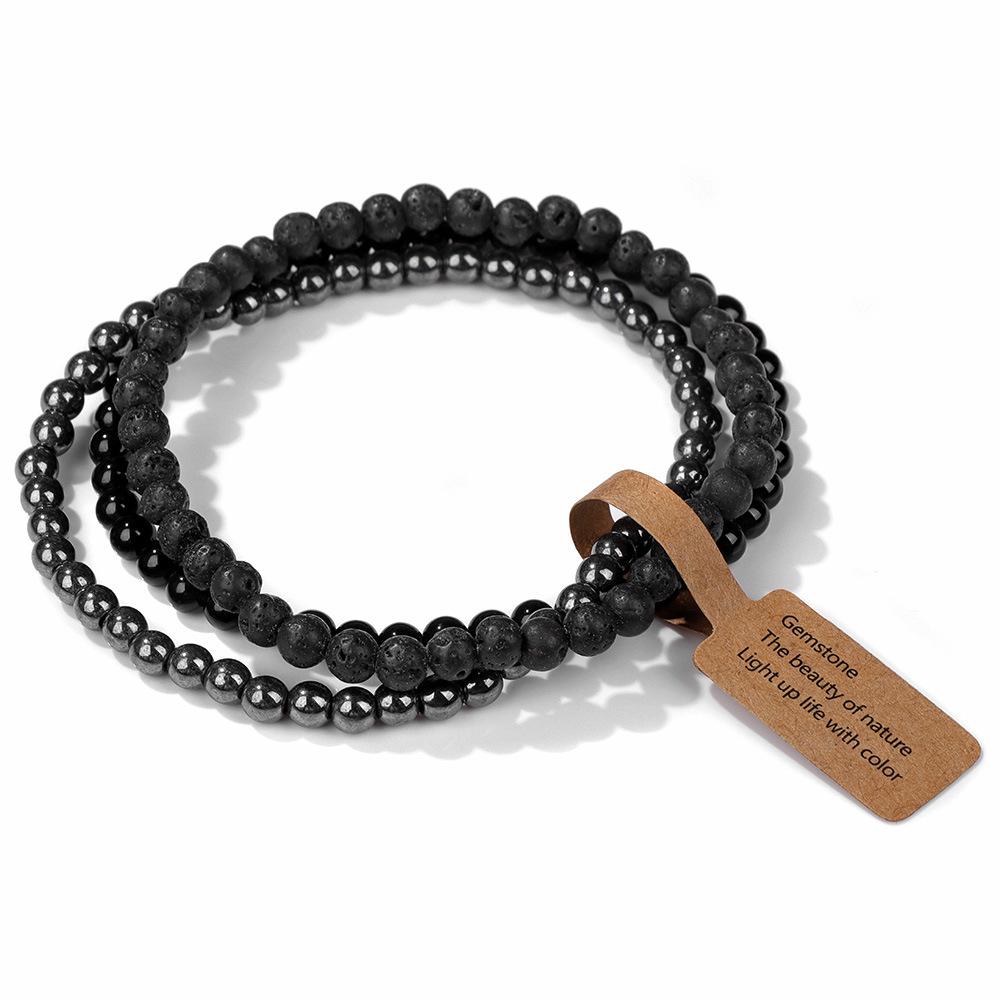 3 Pieces Natural Stone 4mm Beads Elastic Bracelets For Women Men Moss Agates Rose Quartzs Stretch Bracelet Set With Tag Jewelry