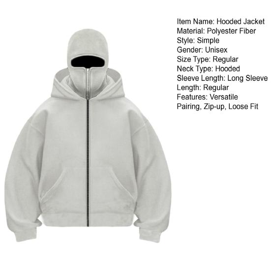Unisex Kukla Mikina Teplá Volná Mikina s Kapucí Zapínání na Zip Ležérní Bunda s Obličejovou Maskou pro Podzim Zimu Venkovní Sporty Streetové Oblečení