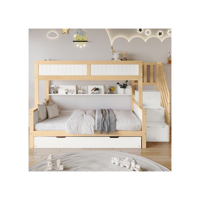 Lit superposé - MUVOE - Blanc + Naturel - 90x200 cm - Bois massif - 2/3 places