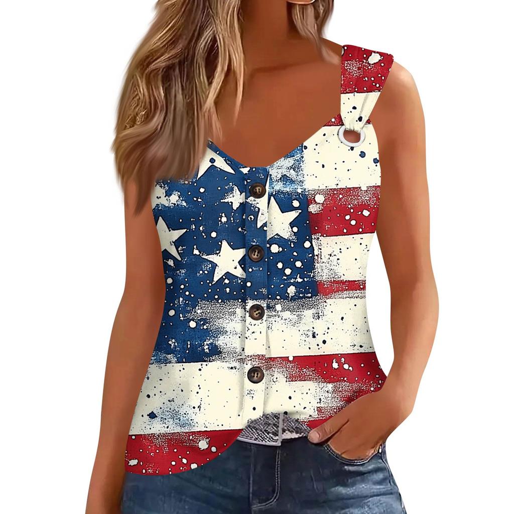 Women's Fashion Casual Loose Sleeveless Buttoned V-Neck Independence Day Printed T-Shirt Top