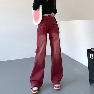 Women's Vintage Red Skinny Jeans Straight Loose Pants High Waist Wide Leg Y2K Trendsetting Must-have Items Fashion Slim Versatile Bottoms