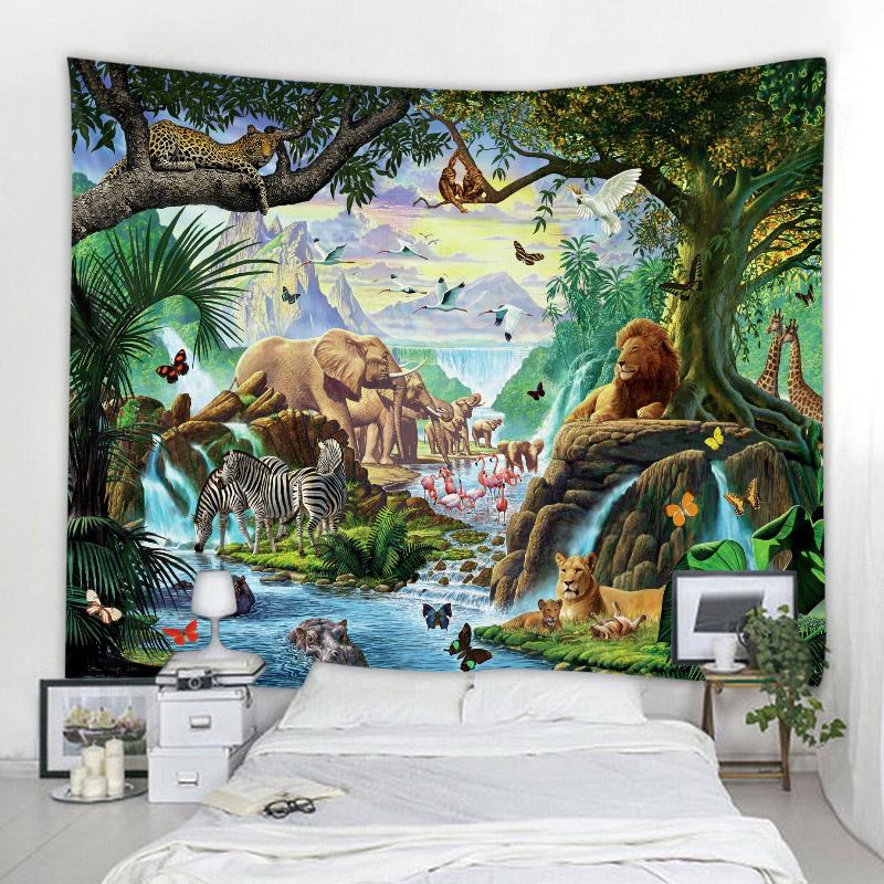 African Jungle Wild Animal Tapestry Rainforest Theme Wall Hanging Safari Animals Giraffe Elephant Tapestries For Boys Adults