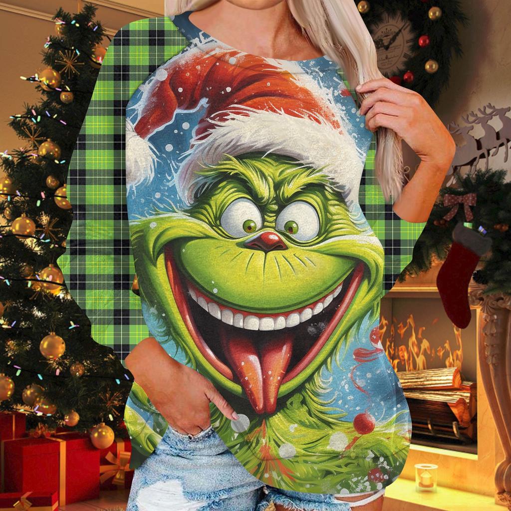 Damenmode, lässig, Rundhalsausschnitt, Langarm, Weihnachtsdruck, Raglanärmel, Sweatshirt-Oberteil