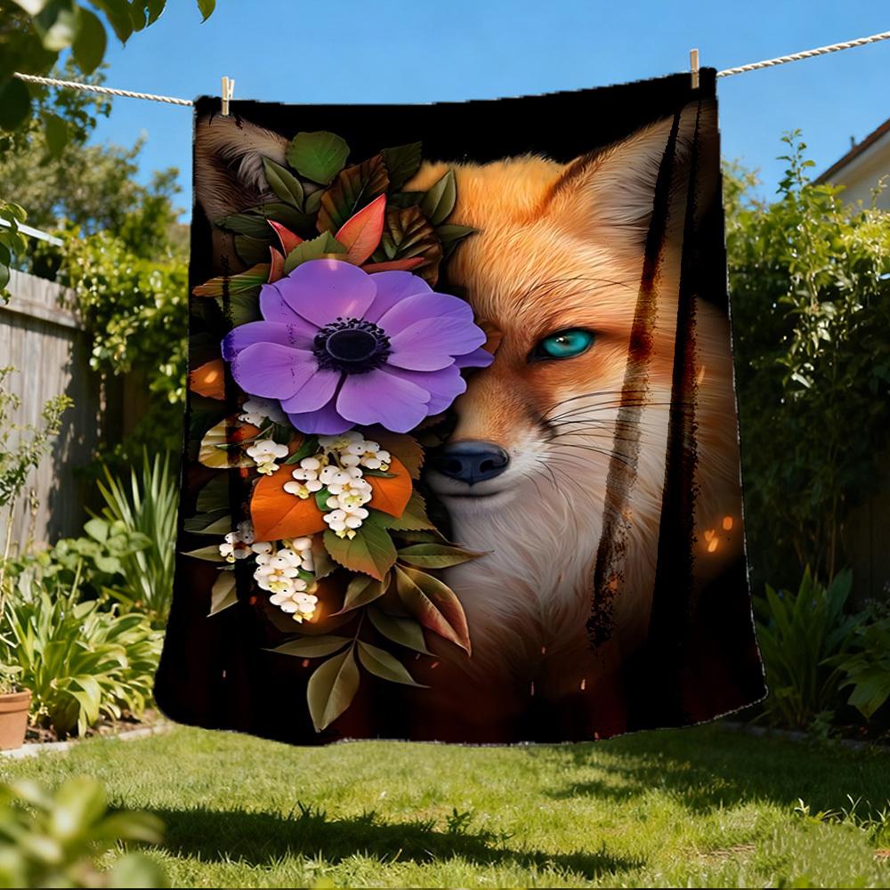 1pc Fox Flower Wreath Outdoor Flannel Blanket Soft All Season Polyester Throw , Perfect for Picnics & Travel , Picnic Accessory