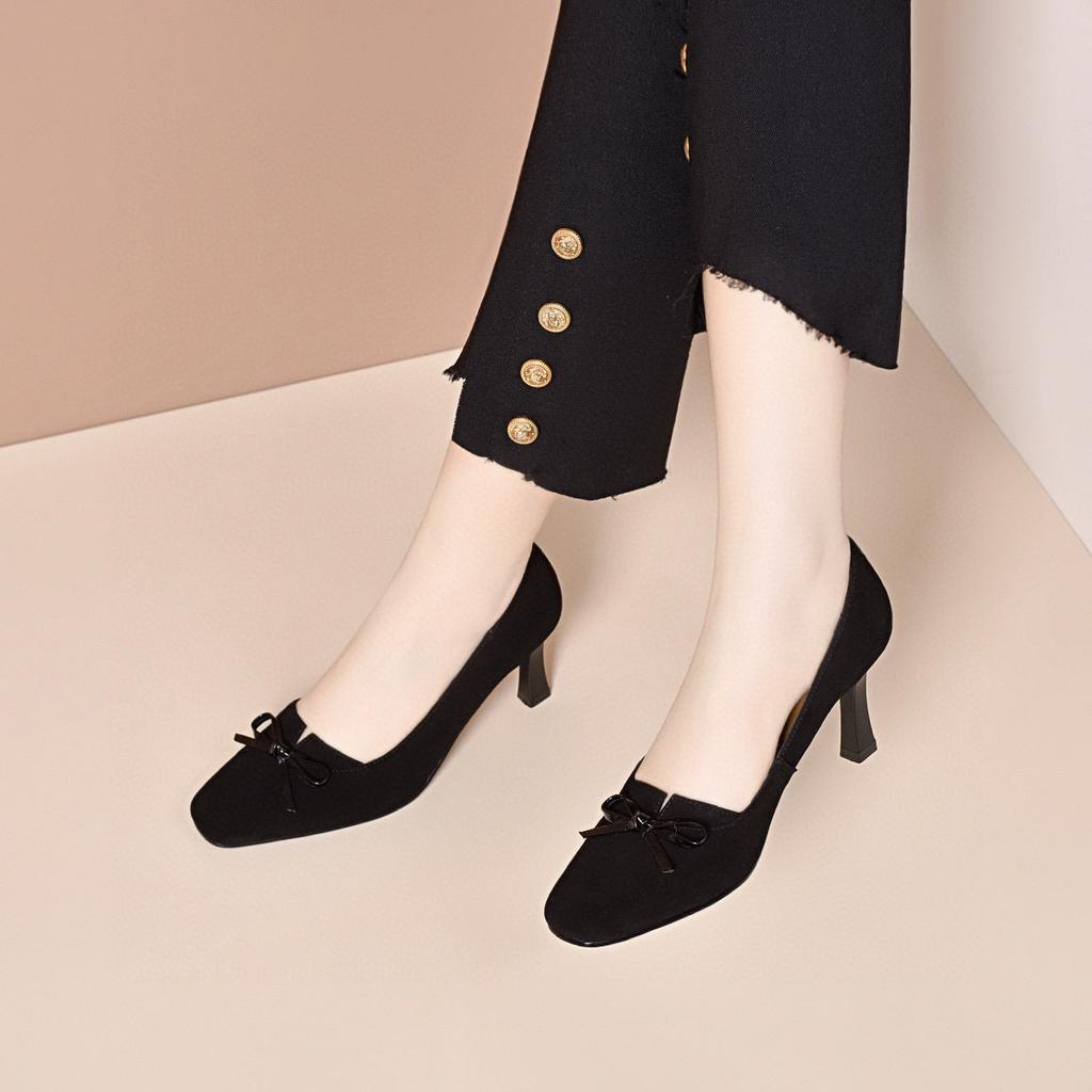 Small Square Head High Heels Women's Spring Simple Temperament Black Stiletto Fashion Shoes Bow Light Mouth Women's Single Shoes