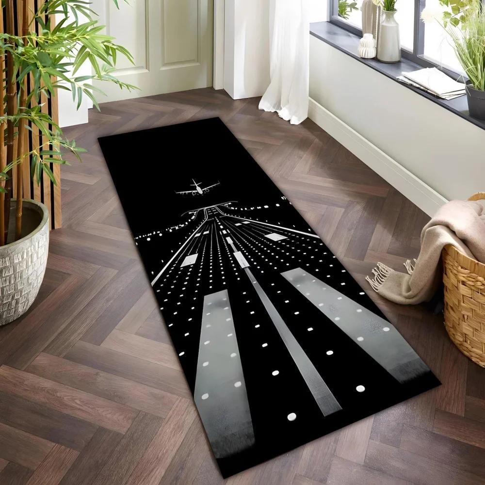 Runway Rug Airplane Design Long Runner Rug Non Slip Washable Kitchen Mat Blue Yellow Plane Hallway Carpet
