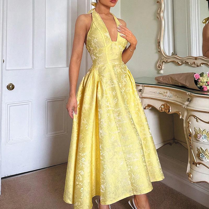 Light Yellow V-Neck Halter Maxi Dress with Brocade Pattern