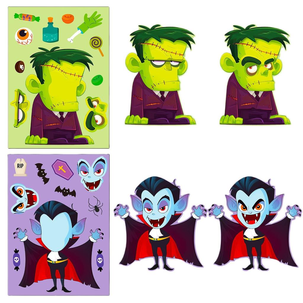 6 Photos/pack of Vampire Mummy Pumpkin Creative DIY Expression Face Swap Stickers Halloween Puzzle Stickers