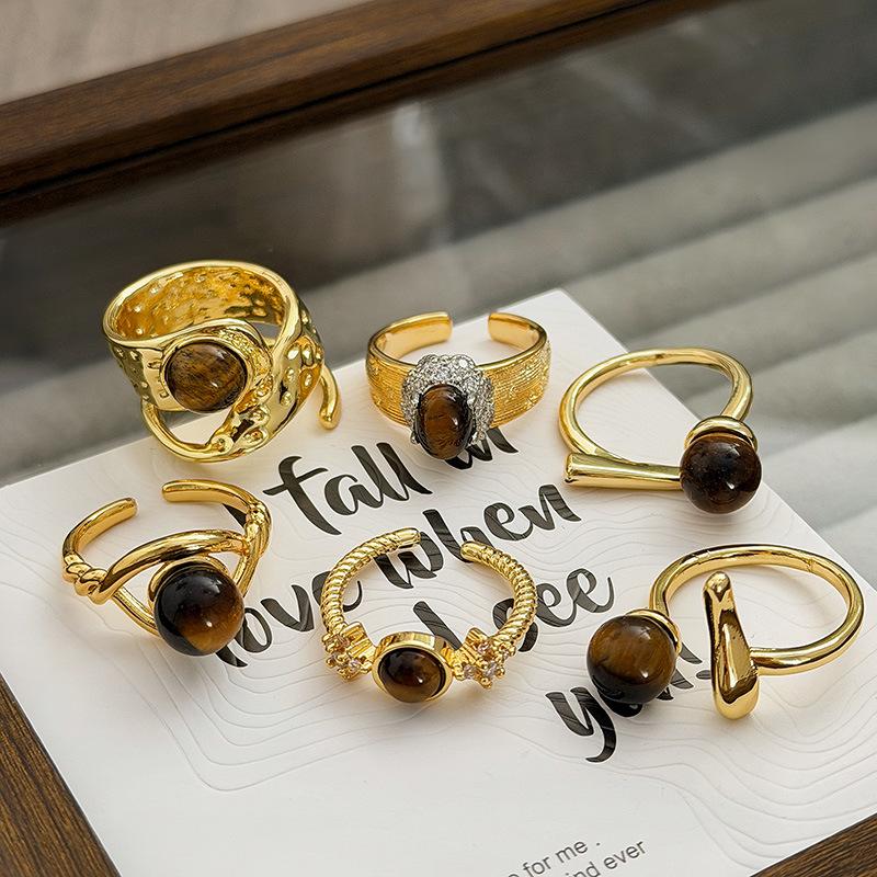 Fashion Temperament Maillard Retro Hong Kong Style Imitation Tiger'S Eye Stone Open Ring Women'S Irregular Light Luxury Personality Index Finger Ring