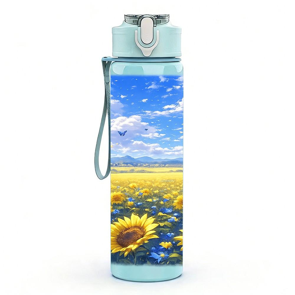 1PC Sunflower Blue Sky Countryside Print 750ml Color Plastic Sports Water Bottle Leakproof Flip Straw Lid Suitable for Sports Office Home Use