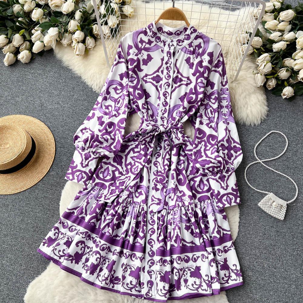 Vintage Summer Floral Print Ruffles Single Breasted Long Sleeve High Waist Vocation Beach Long Women Dress