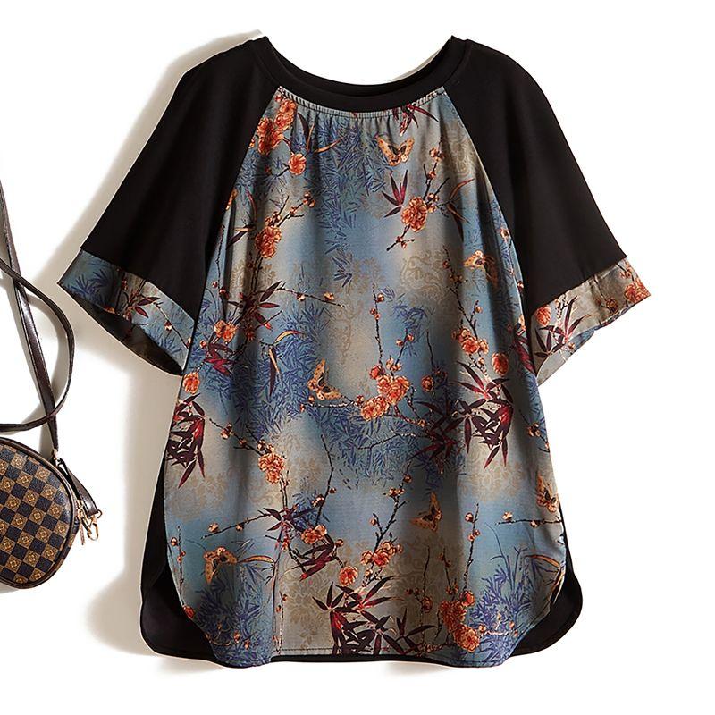 

Satin Poplin Silk Plum Pattern round Neck Oval Color Matching T-shirt Women Summer Mid-Style Skin-friendly Breathable Top New Black L