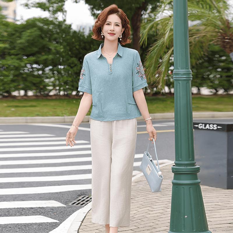 Datang Furen Elegant Embroidered V-Neck Short-Sleeve Summer Blouse 5XL
