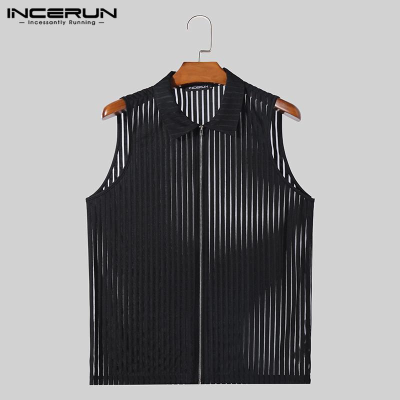 INCERUN Summer Men Sleeveless Zipper Up Vest Mesh See Through Tank Tops