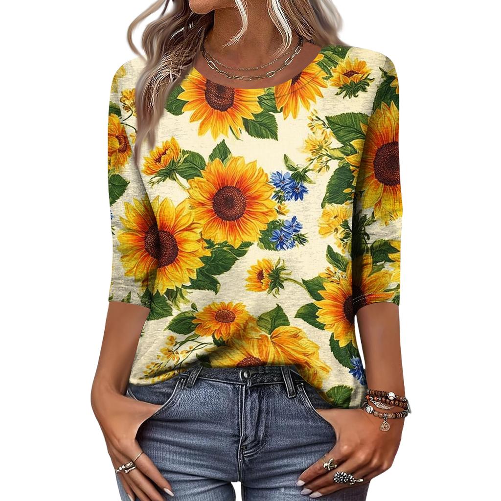 Women's Fashion Casual Round Neck 3/4 Sleeve Loose Printed T-Shirt Ladies Top