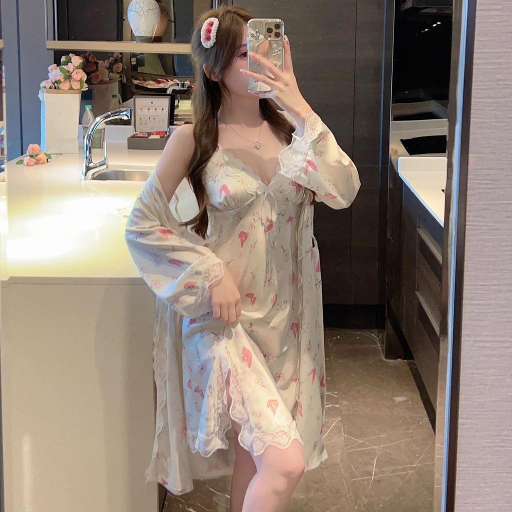 Ice silk pajamas women's new suspender nightgown ins nightgown two-piece set with chest pad sexy printed loungewear long sleeves