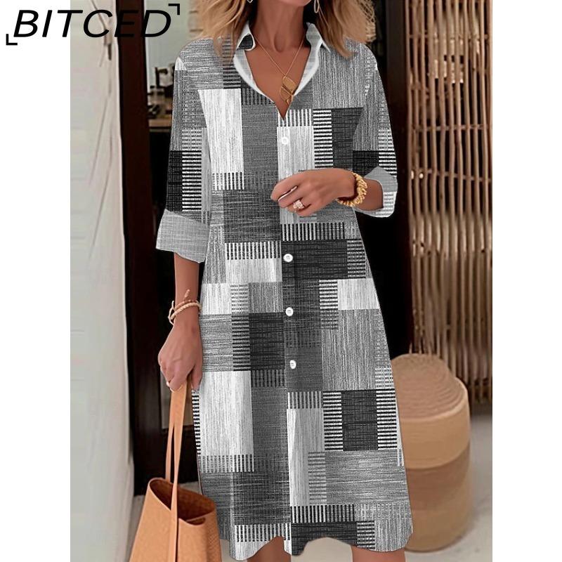 BITCED Women Fashion Spring Autumn Color Block Print Long Sleeve Polo Collar Loose Waist Casual Dresses