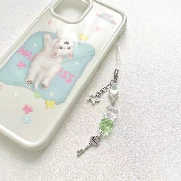 3pcs Mobile Phone Pendant Four Leaf Clovers Beaded Keychain Fashionable Keyring Charm Handmade Gift for Women Friend
