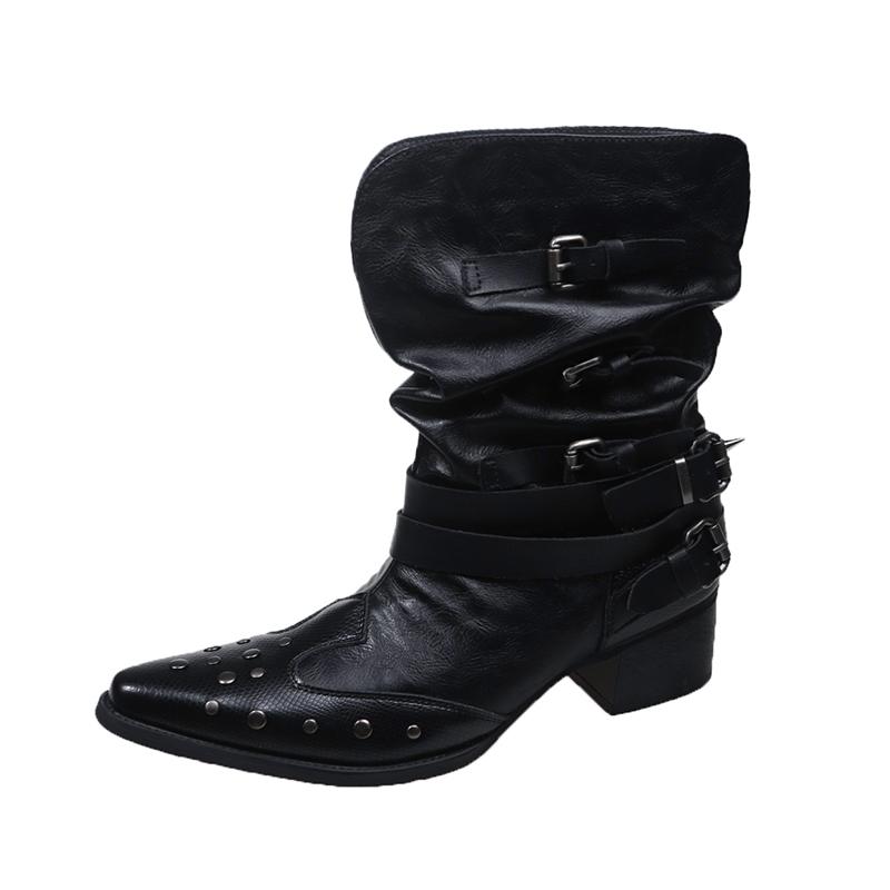 Fashion Punk Sle Ro Gothic Knight Boots Woman Rivet Chic Girls Pointed Toe High Top Boots Leather Inner Material Rubber Outsole Shoes
