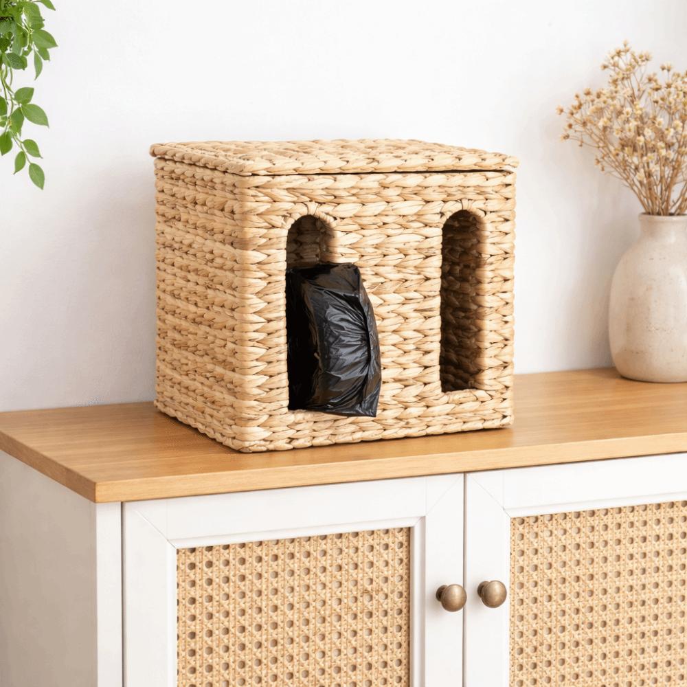 Rectangular Straw Weaving Storage Basket Wall Mounted with Lid Tissue Box Large Capacity Garbage Bag Storage Box Living Room