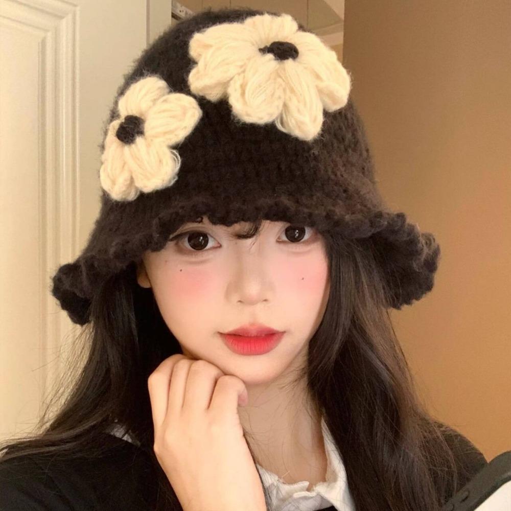 Handmade Crochet Flower Knitted Hat Hollow Out Bowknot Beanies Hat Casual Flower Weave Cap  Outdoor