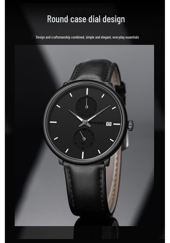 SANDA Men's 3D Leather Strap Waterproof Quartz Mesh Wristwatch - Fashionable & Trendy Calendar Design
