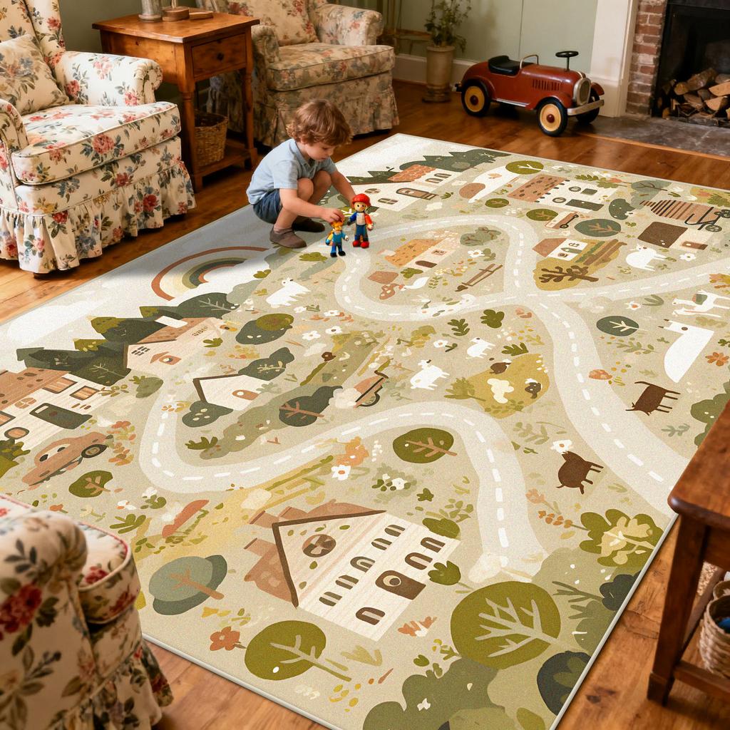 Children Amusement Park Living Room Carpet Thickened Short Velvet Cartoon Road Large Rugs Decor Bedroom Baby Crawling Mat Floor