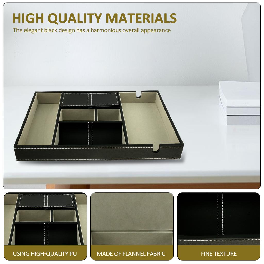 PU Desktop Organizer with 5/6 Compartments Men's Valet Tray Nightstand Jewelry Storage Box for Phone Keys Wallet Watch Glasses