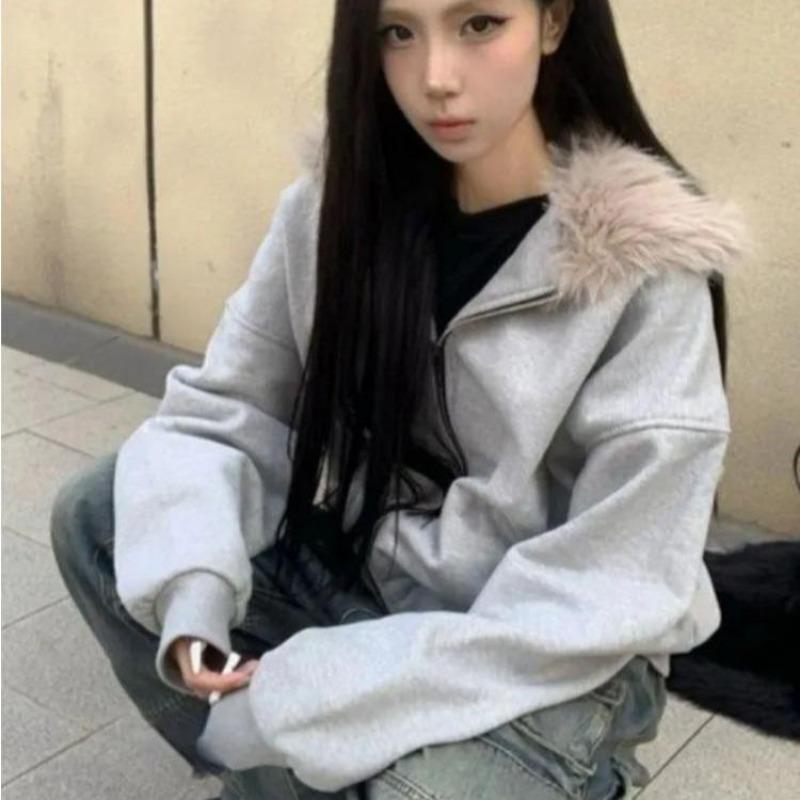 2KWEIRD Harajuku Ležérne Kožušinové Patchworkové Mikiny s Kapucňou Dámske Y2k Estetické Voľné Vreckové Streetwearové Bundy Grunge Jesenné Mikiny