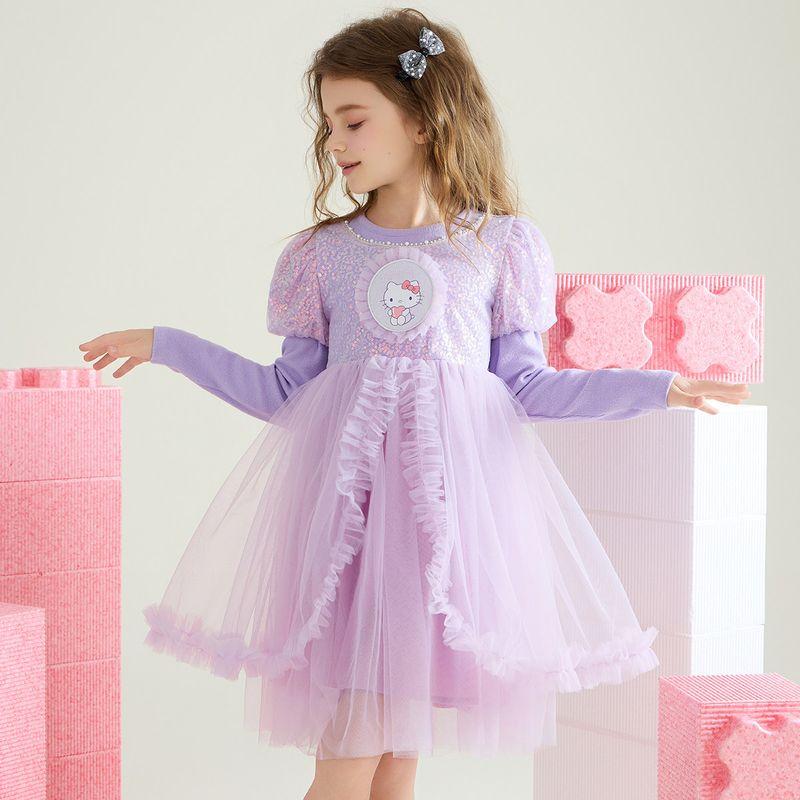 Hello Kitty Girls' Dress Spring and Autumn 2025 New Purple Little Girl Princess Dress Kidsren's Mesh Skirt