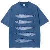 Interesting sardine pattern T-shirt retro Water Wash vintage Short Sleeve Men's and women's loose street style fashion top
