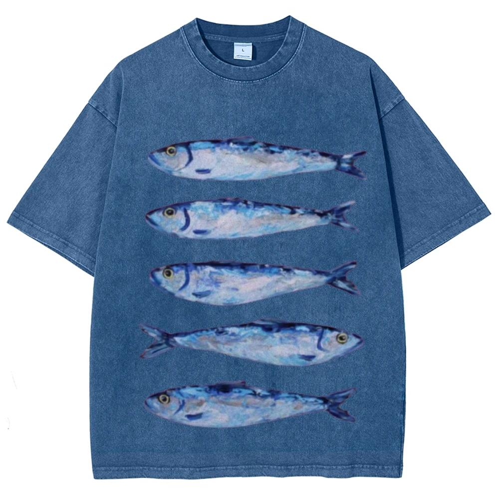 Interesting sardine pattern T-shirt retro Water Wash vintage Short Sleeve Men's and women's loose street style fashion top
