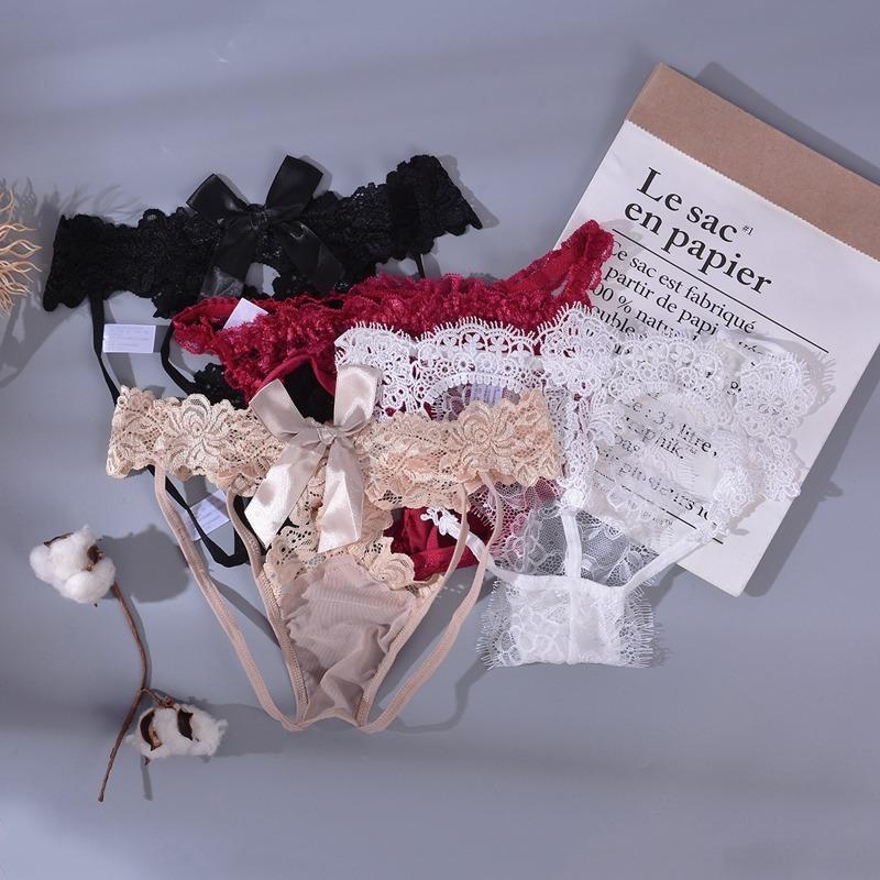 7 style Sexy Lace Open Crotch Panties Women Mesh Perspective Underwear Ladies Lace Bow Thong Crotchless Briefs Erotic Lingerie