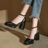 2025 new French black square head waterproof table high heels women's one-word buckle strap thick heel single shoes bag head sandals