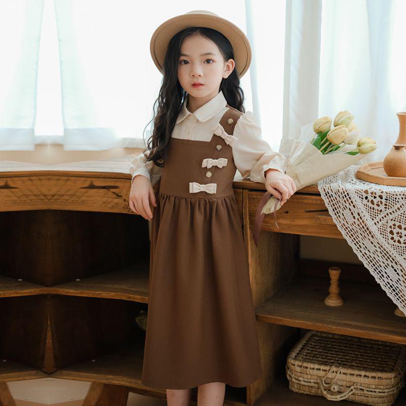 Girls' Long-Sleeve Two-Piece Suspender Dress - Stylish Spring/Autumn Skirt for Kids