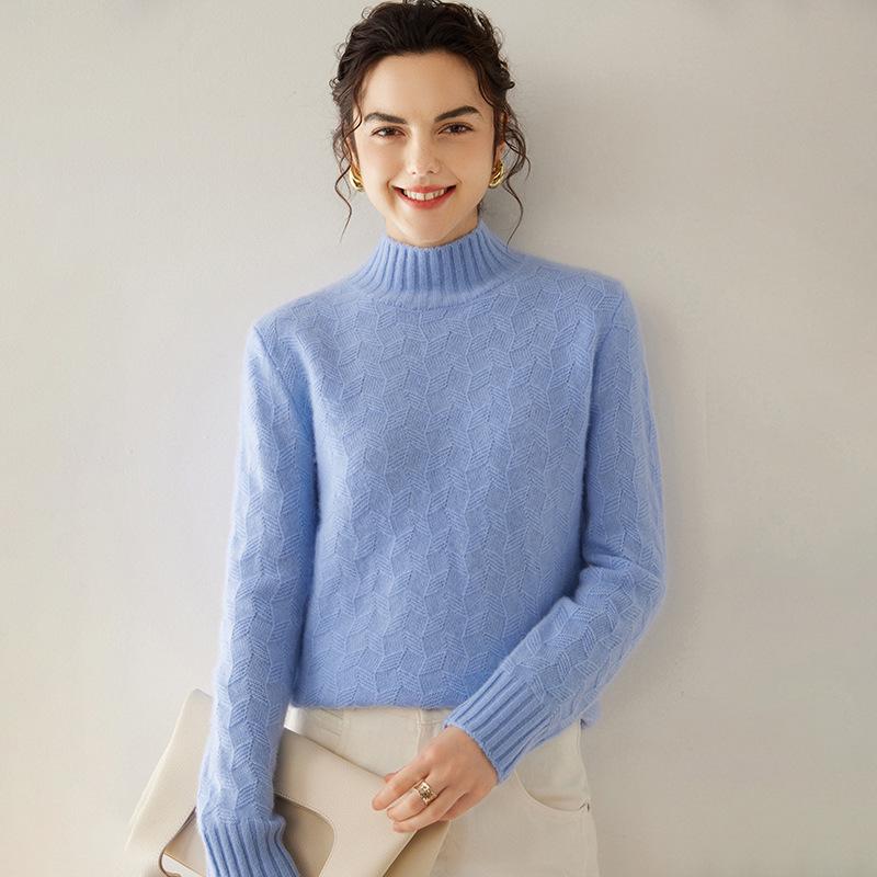 Twisted Flower Half-High Collar Cashmere Knit Sweater - Women's Solid Color, Long-Sleeve, Versatile Pullover, Comfortable Base Layer.