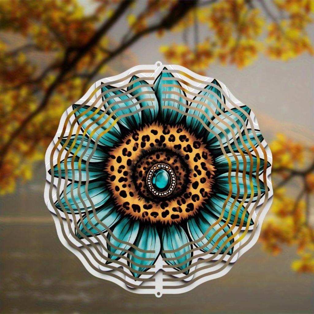 Sunflower Gemstone 2D Metal Wind Spinner Blue Green Golden Stained Glass Hanging Ornament for Garden Home Indoor Outdoor Holiday Gift