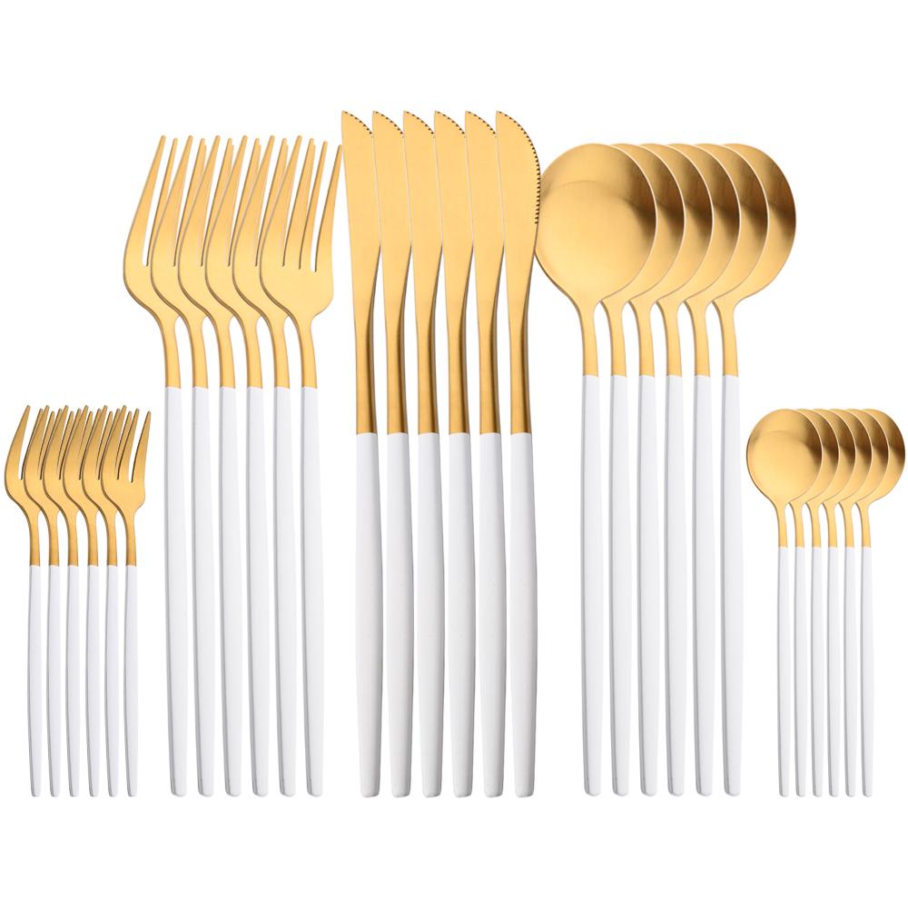 30-piece Black Handle Gold Cutlery Set Matte Finish Dinnerware Set Stainless Steel Knife Fork Spoons Kitchen Utensils Complete