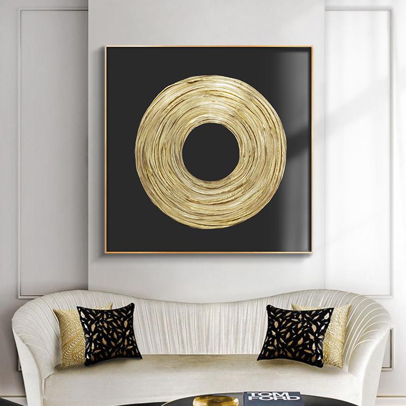 Nordic Luxury Golden Circle Painting Black and White Modern Abstract Canvas Painting Poster Wall Art for Living Room Home Decor