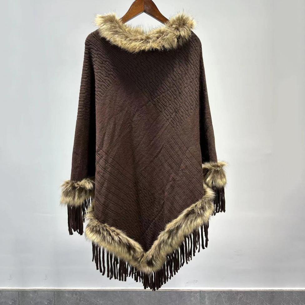 

Элегантное вязаное классическое кейп с кисточками и меховым воротником - женское с застежкой спереди, осенне-зимнее, новое, теплое, модное, шаль для свадебной вечеринки, вечернего платья кофейный