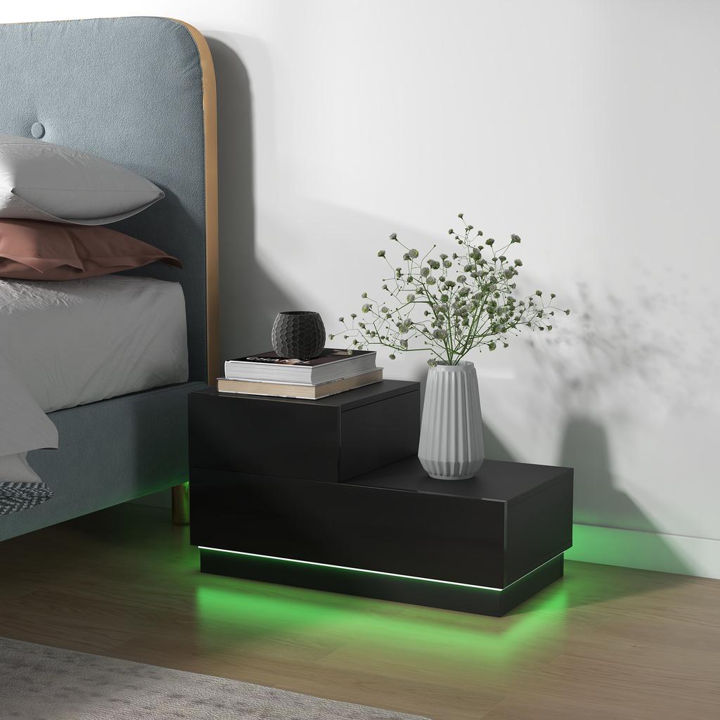 High Gloss Front Bedside Table with Drawers Nightstand with RGB LED Light and Remote for Bedroom Living Room Black