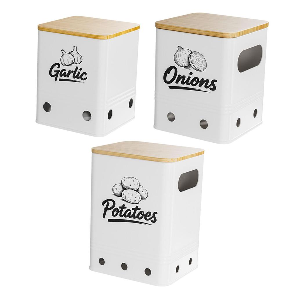 Iron Bamboo Potato Onion Garlic Storage Bins 3 Piece Organizer Set with Vent Holes for Home