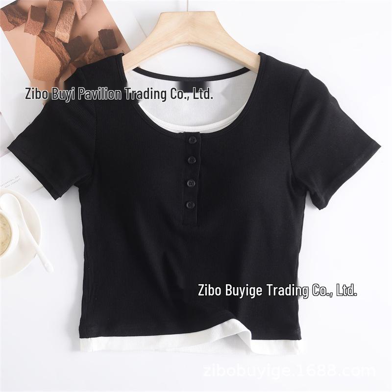 Women's Slim Fit Color Block Two-Piece Look T-Shirt with Chest Pads - Summer Style Short Sleeve Top