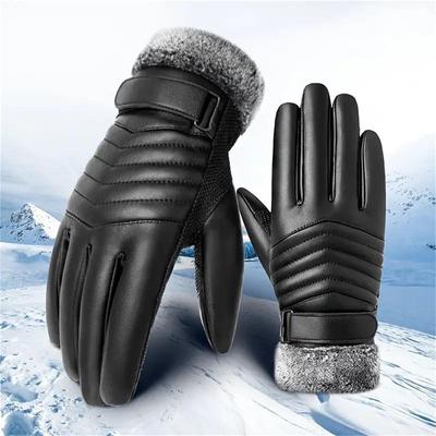 Men Winter Sports Warm Leather Gloves Cold Weather Plus Velvet Thicken Lined Gloves Otudoor Casual Riding Ski Gloves