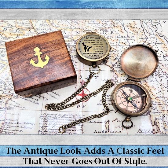 Nautical Compass To My Son Love Mom Poem Engraved Solid Brass Navigational Marine Compass with Wooden Box